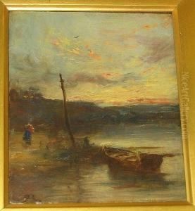 Shore Scene At Dusk With Rowing Boat And Figure by William Bradley Lamond