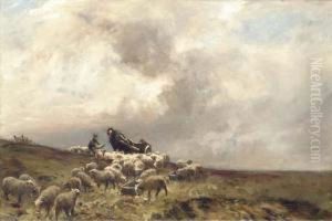 A Shepherd And His Sheep In A Moorland Landscape by William Bradley Lamond