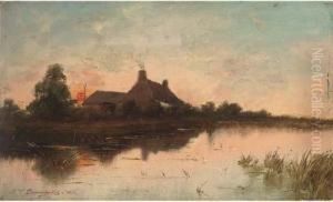 A Riverside Cottage At Sunset by Jean-Pierre-Francois Lamoriniere