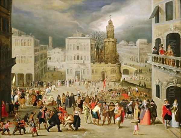 A scene in a town square with numerous figures - view 1