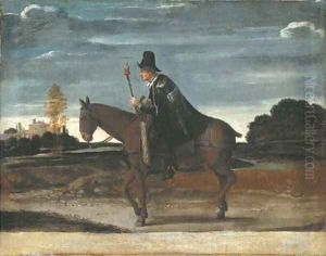 A landscape with a cloaked figure riding a donkey by Annibale Carracci