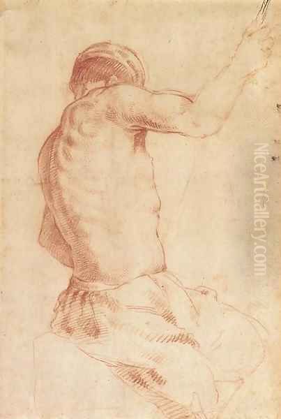 A seated man holding a staff, seen from behind - view 1