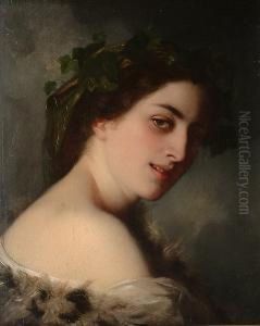 A Beautiful Young Woman Wearing A Fur Wrap With Ivy In Her Hair.