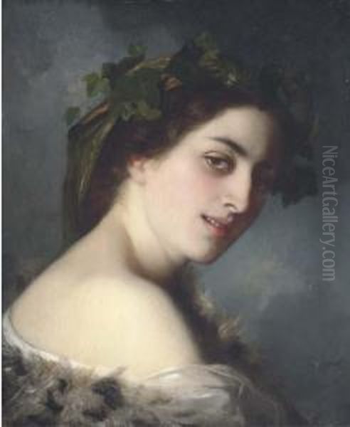 Portrait Of A Lady, Head And Shoulders; Wearing A Coronet Of Ivy And A Fur Wrap - view 1