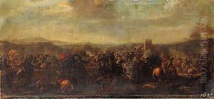 A cavalry battle between Christians and Turks, a castle beyond