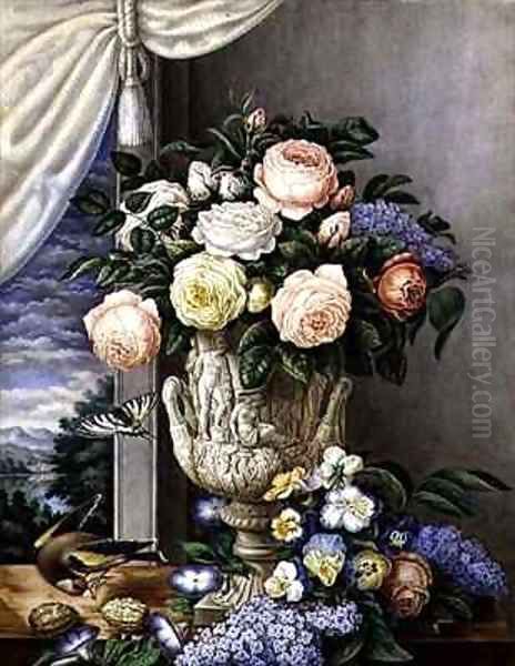 Flowers in a vase on a stone ledge - view 1