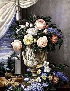 Flowers in a vase on a stone ledge