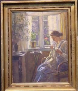 Woman Sewing Beside A Window by Frederik Lange