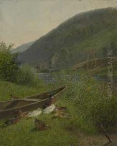 Ruhende Enten An Sommerlichem Seeufer by Fritz Lange