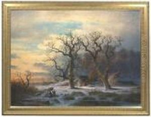 Wintry Landscape At Sunset With A Charburner's Hut