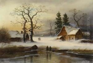 Abendstimmung Uber Winterlandschaft Mit Flusslauf Und Jagern
