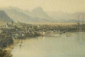 Bodensee-landschaft Mit Stadt Und Alpen-panorama by Julius Lange