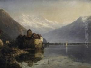 Chateau Chillon On The Lake In
Genf. In The Background A View Onto The Rhone Valley. Signed And Dated
Lower Left: Julius Lange 1871 by Julius Lange