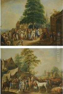 A Village Scene With A Livestock Fair And A Church In The Background by Dirck Langendijk