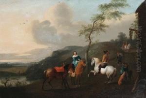 An Elegant Hunting Party Before An Inn by Dirck Langendijk