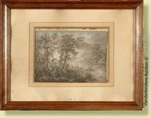 L'armee Passant Le Gue, Encre Et
 Lavis Sur Papier. Signeen Bas A Droite Langendyk Et Date 1799. Ecole 
Hollandaise. Dim.:26x36 Cm