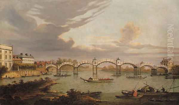 View of Hampton Court Bridge, with boats on the River Thames and King Henry VIII's Chapel beyond - view 1
