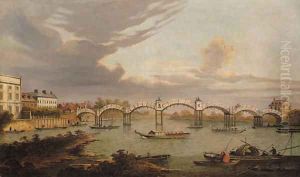 View of Hampton Court Bridge, with boats on the River Thames and King Henry VIII's Chapel beyond by (Giovanni Antonio Canal) Canaletto