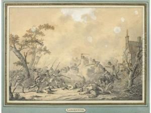 Scene De Bataille. Plume Et Encre Brune, Lavis Gris. 18 X 26 Cm by Dirck Langendijk