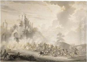 A Cavalry Skirmish Near Ruins by Dirck Langendijk