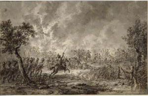 Infantry And Cavalry Fighting Near A Burning Windmill