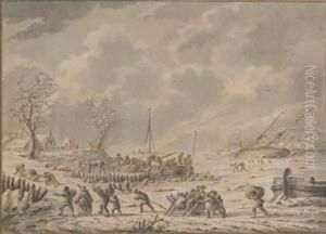 A Winter Landscape With Figures Unloading Goods From A Boat by Dirck Langendijk