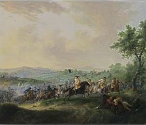A Cavalry Battle Scene In A Hilly Landscape With Troops Retreating