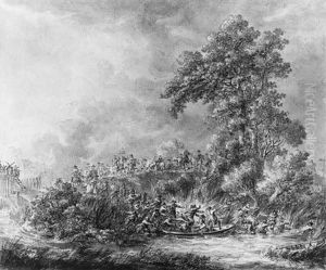A Battle Scene With Cavalrymen And Infantry By A Waterway by Dirck Langendijk