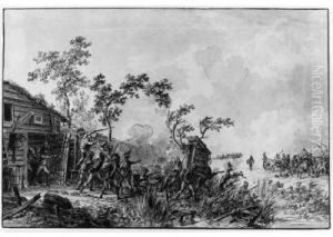 A Battle Scene With French Infantry Defending A Barn