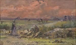 Paesaggio Con Figure E Cammelli Con Sfondo Di Citta Araba by Henri Langerock