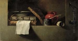 Books, A Plate, An Earthenware 
Pitcher, An Ink Well And Quill In A Niche With An Oil Lamp On The Wall 
Nearby