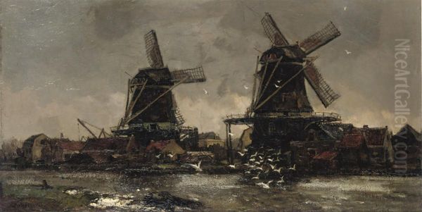 Two Windmills Along A River - view 1