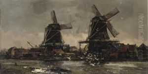 Two Windmills Along A River by Frans Langeveld