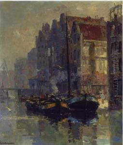 Moored Boats At The Back Of The Zeedijk, Amsterdam by Frans Langeveld