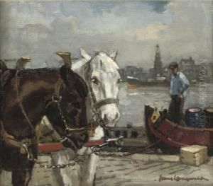 Horses On The Quayside With The Haringspakkerstoren Beyond, Amsterdam by Frans Langeveld