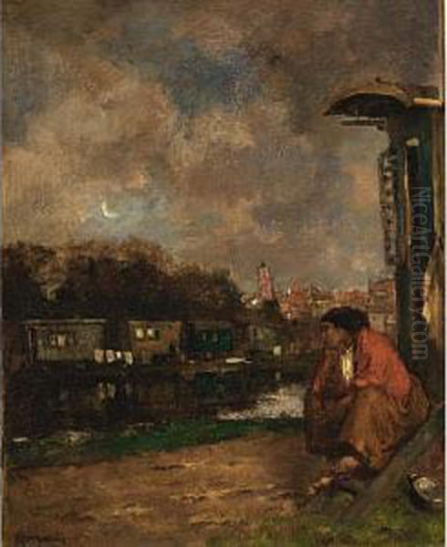 Woman Near The Waterside With The Church Of Dordrecht In The Background - view 1