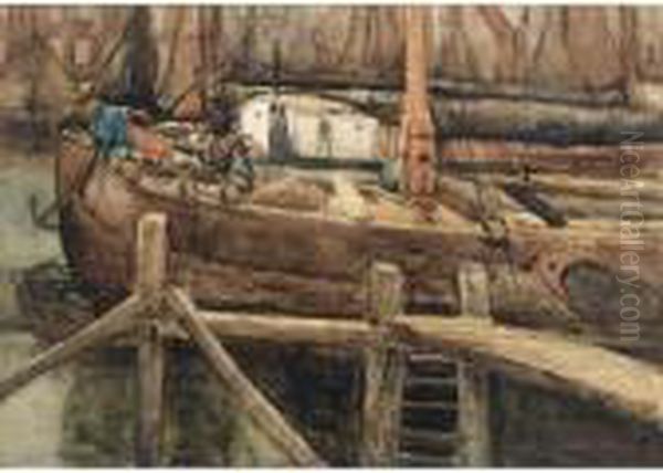 A Moored Boat In The Harbour Of Amsterdam - view 1