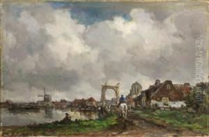A Horseman Crossing A Drawbridge, A Town Beyond