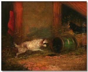 Terriers With A Barrel In A Barn And Terriers Playing by J. Langlois