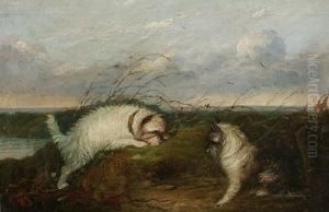 Terriers Ratting On A Riverbank. by J. Langlois