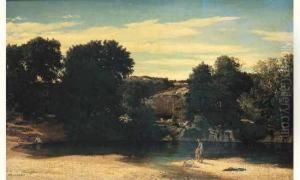 < Pecheur Au Bord Du Lac. >. by Felix Hippolyte Lanoue