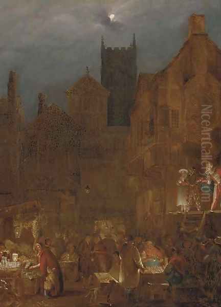 Figures in a moonlit market before an open theatre - view 1