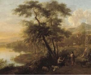 An Italianate Wooded Landscape With Peasants And Their Flockresting By A Path