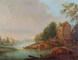 A Continental River Scene With Figures By A Grand House. Signed