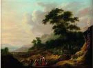 Paysage De Riviere Anime D'un Berger Et De Lavandieres