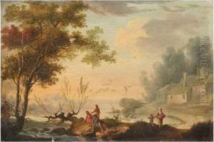 An Italianate Landscape With Fishermen, A Village Nearby