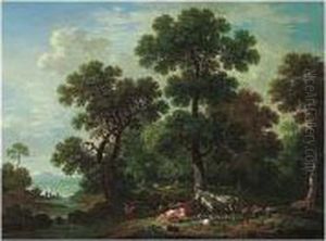 A Wooded Landscape With Cattle, 
Sheep And Horses Resting On The Banks Of A River, A Lake Beyond