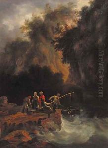 Fishermen netting fish off a rocky ledge in a mountainous wooded landscape by Condy, Nicholas Matthews