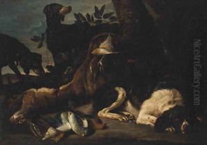 A Hunt Still Life with Hounds and a Spaniel guarding dead Game by David de Coninck