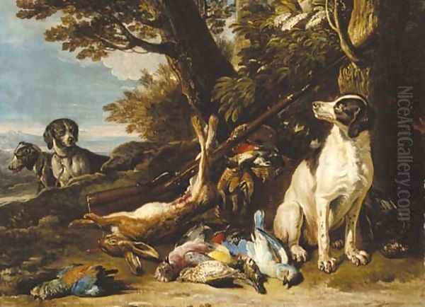 Hounds with dead game and a rifle in a landscape - view 1
